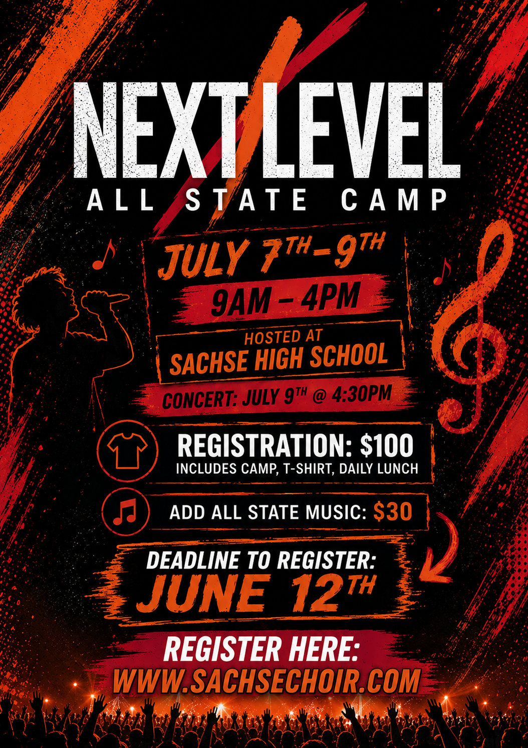 Next Level All-State Camp flyer with dates, time, cost, and registration deadline