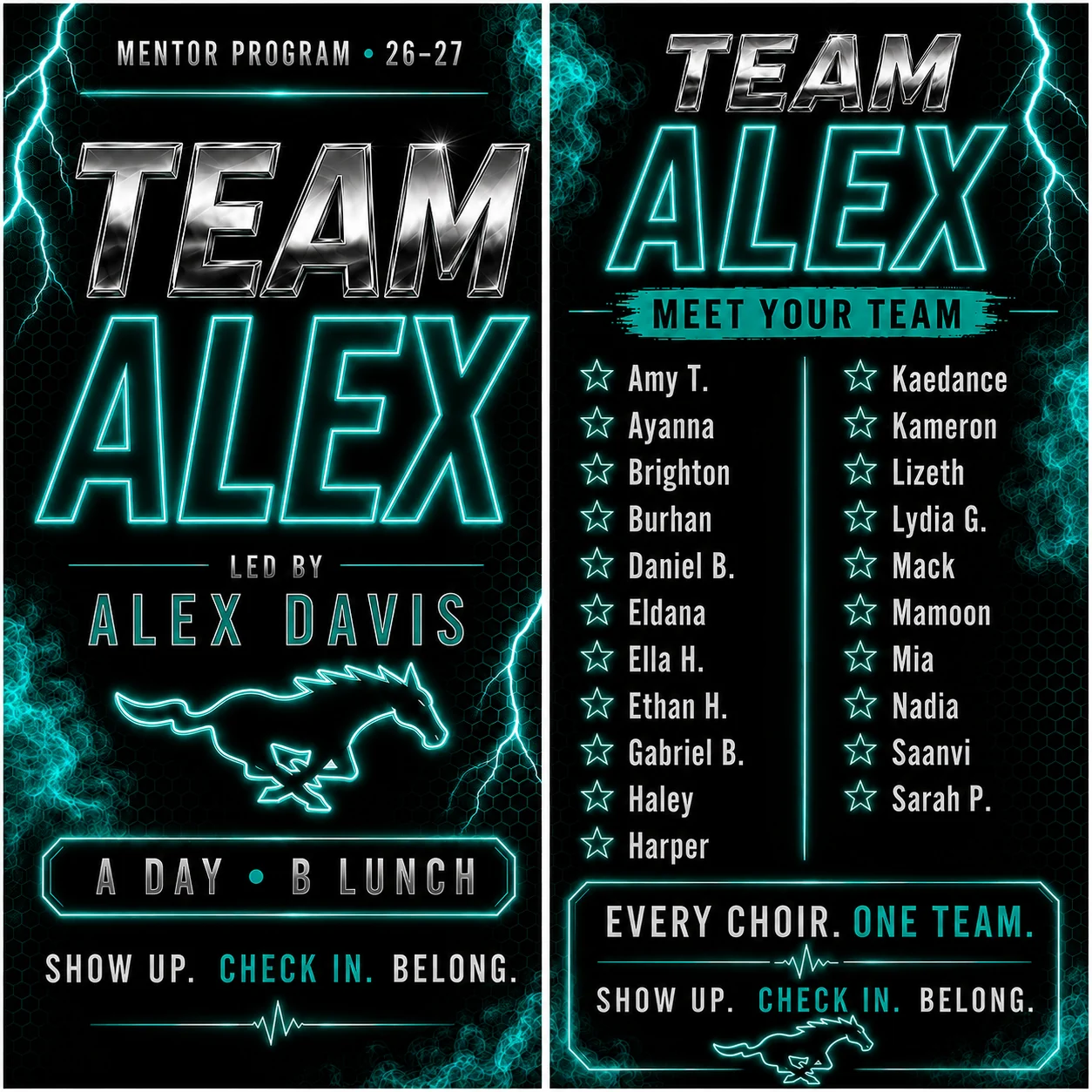 Team Alex mentor group roster, led by Alex Davis — A Day, B Lunch.