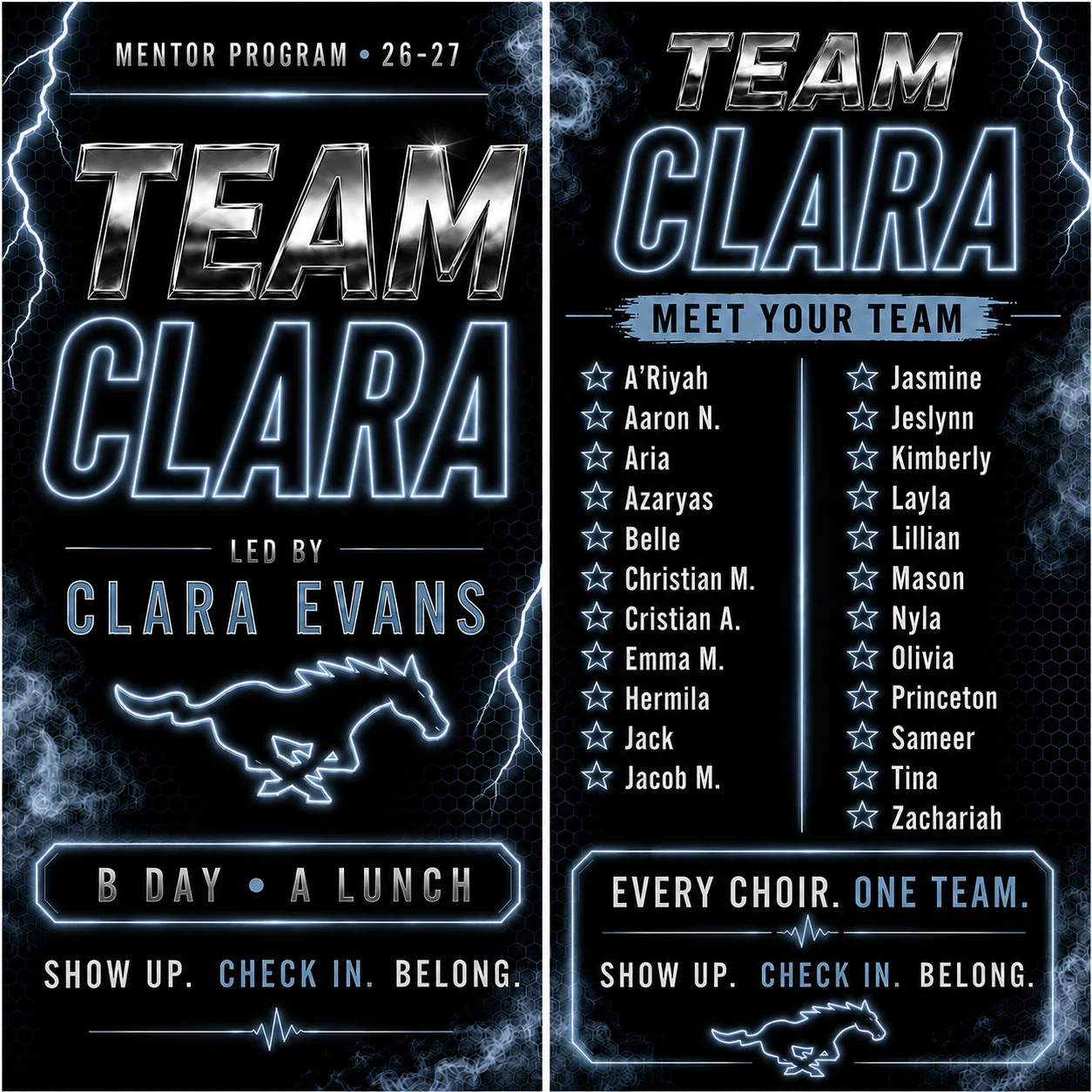 Team Clara mentor group roster, led by Clara Evans — B Day, A Lunch.
