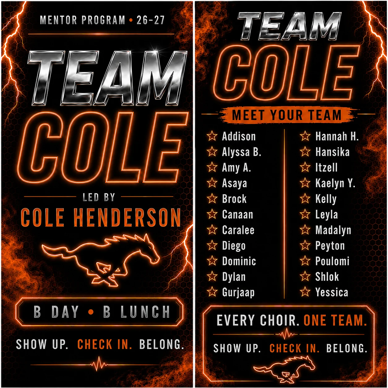 Team Cole mentor group roster, led by Cole Henderson — B Day, B Lunch.