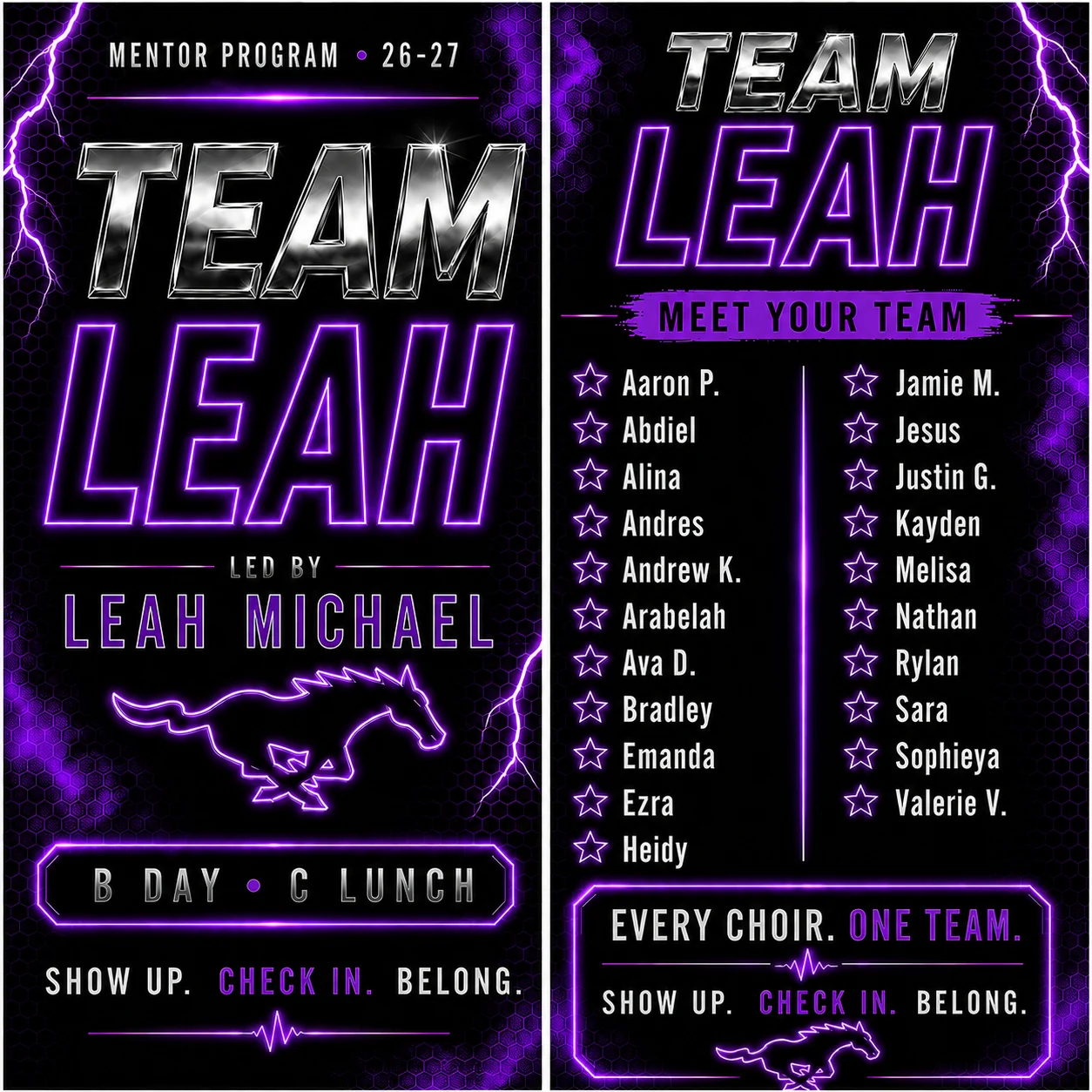 Team Leah mentor group roster, led by Leah Michael — B Day, C Lunch.