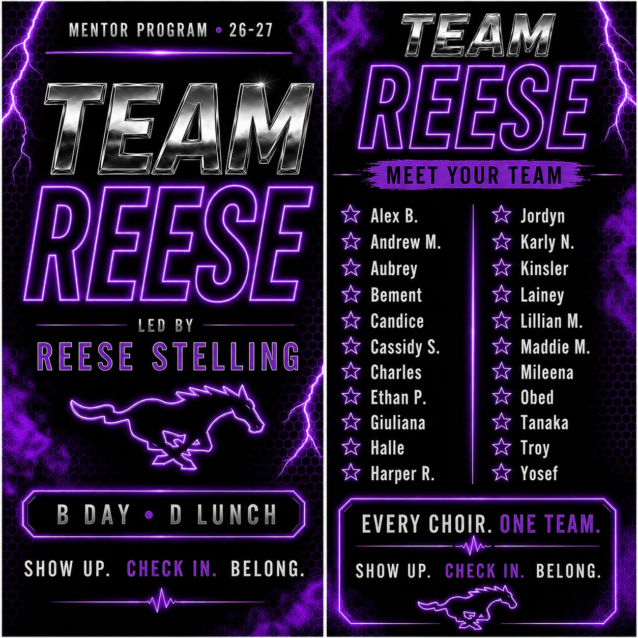 Team Reese mentor group roster, led by Reese Stelling — B Day, D Lunch.
