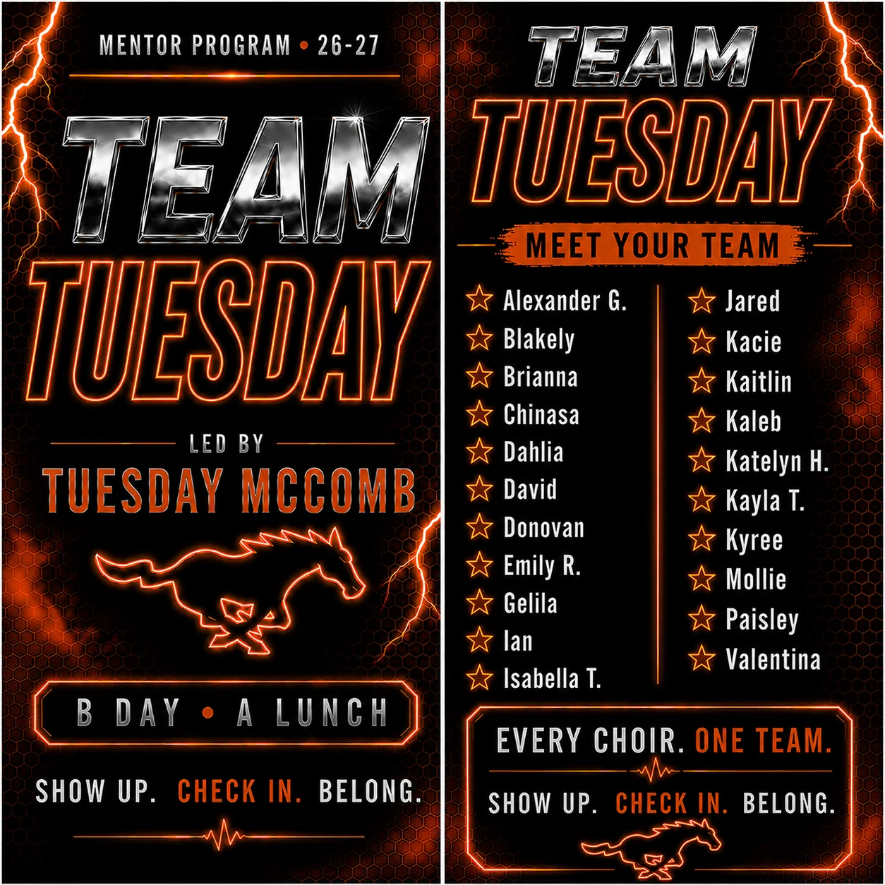 Team Tuesday mentor group roster, led by Tuesday McComb — B Day, A Lunch.