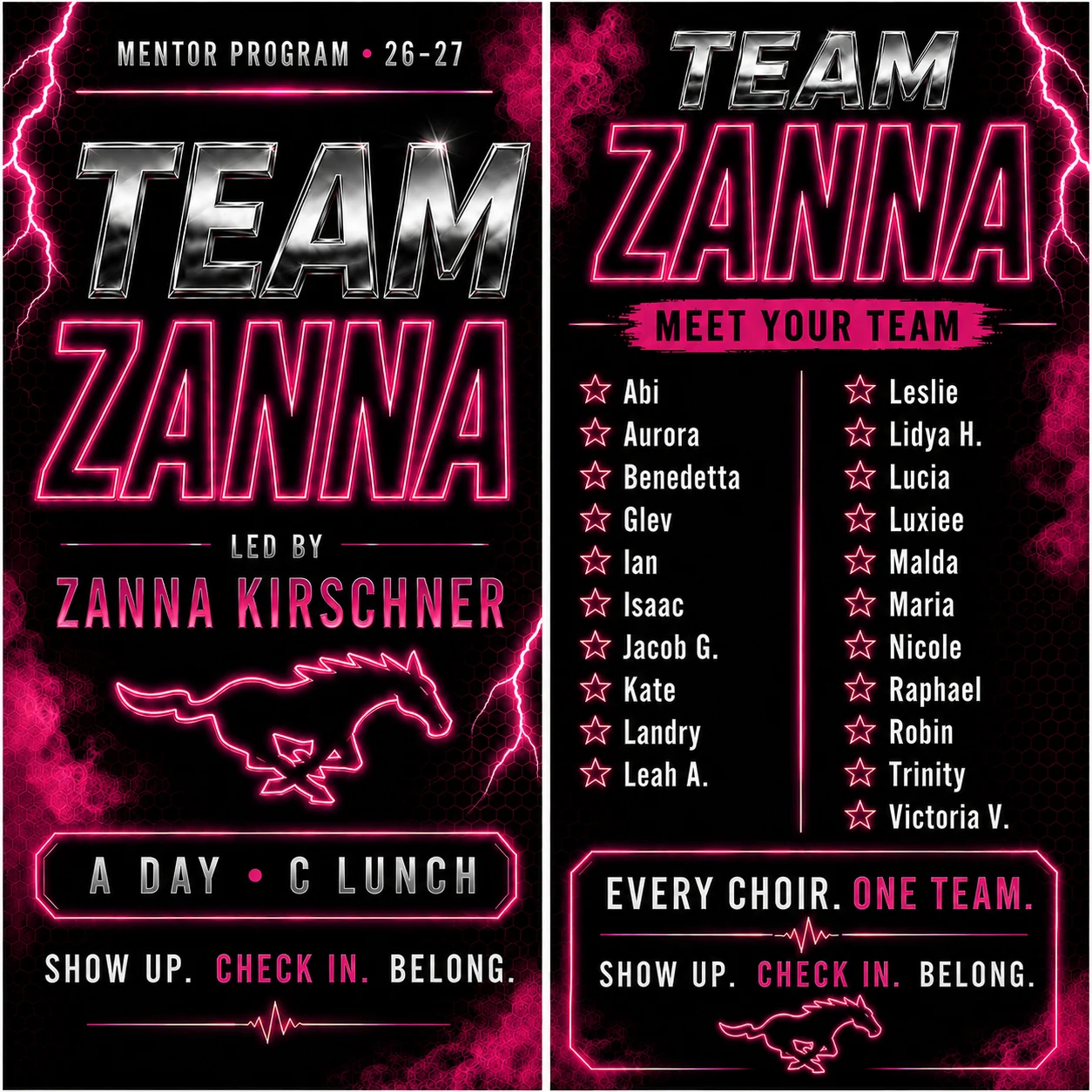 Team Zanna mentor group roster, led by Zanna Kirschner — A Day, C Lunch.